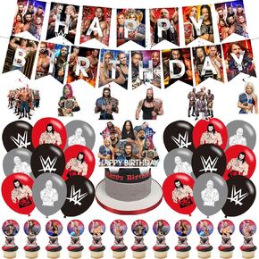 Wrestling Birthday Decorations,Wrestling Boxing Match Party Supplies Include Happy Birthday Banner, Cake Topper and Cupcake Toppers, Balloons for Kids Party Decor
