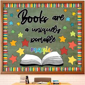 52 Pcs Reading Bulletin Board Decorations Motivational Reading Bulletin Board Set Classroom Colorful Book Border Decors Open Book Star Cutouts for School Library Chalkboard Wall Decorations