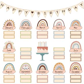 57pcs Happy Birthday Bulletin Board Decorations Set, Boho Classroom Bulletin Decor Rainbow Happy Birthday Cake Classroom Chart Cutouts for School Classroom Chart Calendar Wall Decor
