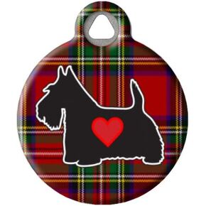 Dog Tag Art Tartan Scottie Silhouette Pet ID Tag for Dogs, Silent Polymer Coated Stainless Steel Scottish Terrier Nametag with Customized Identification Information - Small .875" Diameter