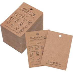 FINGERINSPIRE 120 Pcs Handmade Fabric Washing Instructions Hang Tag 3x2inch Sandy Brown Kraft Paper Washing Price Tags Material Care Card Minimalist Washing Label for Shirt Beanies Knitted Quilts