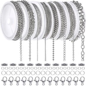 Silver Necklace Chains for Jewelry Making Stainless Steel Jewelry Chains for Necklace Bracelet Making Jewelry Making Supplies Kit Include 8 Roll Necklace Chain/Jump Rings/Lobster Clasps/Connectors