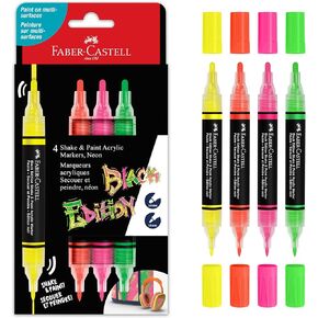 Faber-Castell Shake & Paint Markers: Neon - 4 Count Dual Tip Acrylic Paint Pens - Art Markers for Fabric Painting, Drawing & Art Supplies, Graffiti Markers