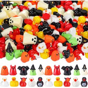 100 Pcs Mini Resin Halloween Ducks and Ghost Ornaments Halloween Miniatures Figurines Bulk Mini Ducks Tiny Skeleton Pumpkin Ghost Ornaments for Garden Dollhouse Decoration Party Favor