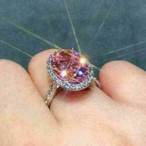 RKKOJJO 925 Sterling Silver Shiny Full Diamond Gemstone Ring 18K Pink Cubic Zirconia Promise Cocktail Rings Eternity Engagement Wedding Band Ring for Women Size 8