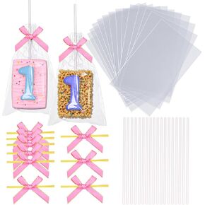50pcs 4x6Inches Clear Rice Krispie Treat Bags with Sticks and Ties Bows Rice Kit Cakesicle Bags Individually Wrapped Packaging for Marshmallow Mcaron Pop Candy Apple Cookies Cake Ore Pop