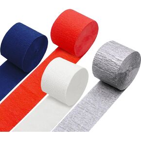 FUGUIR 4 Rolls Patriotic Crepe Paper Streamers Red White Blue Silver Craft Birthday Party Streamers Garland Hanging Backdrop Decorations for 4th of July Independence Day (1.8 Inch x 82 Ft/Roll)