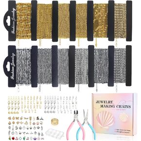 Wisreach 18K Gold & Silver Necklace Chain for Jewelry Making, 60 Feet 12 Rolls DIY Necklace Chains, with Jump Rings, Clasps, Connectors, 52 Letter Pendants, 50 Mixed Color Pendants & Jewelry Pliers