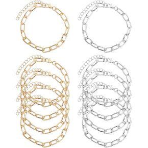 10PCS Stainless Steel Charm Bracelet Gold and Silver Charm Bracelet Chain Paperclip Chain for Jewelry Making Steel Adjustable Bracelets with Lobster Clasps for DIY