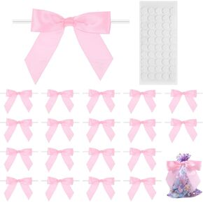 20 Pcs Pink Twist Tie Bow, 3.5" Small Premade Satin Ribbon Bowknot with Dot Stickers Gift Wrap Bows for Wedding Party Halloween Christmas Candy Cookies Wrapping Decoration