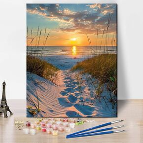 Paint by Number for Adults Beginner,Sand, Grass, and Ocean Waves Paint by Numbers,Seaside Sunset Paint by Numbers Kits Suitable for Home Wall Decoration 16x20 Inch