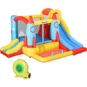 Outsunny Kids Bounce House, 4-in-1 Rocket Inflatable Water Slide Jumping Castle with 2 Slides, Climbing Wall, Trampoline, & Water Pool Area, Air Blower