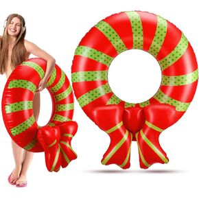 1 Pack Christmas in July Pool Floats Wreath Inflatable Pool Floats Swim Tube Rings Toys for Summer Vacation Lake Swimming Beach Party Decorations Supplies (31.5 Inches)