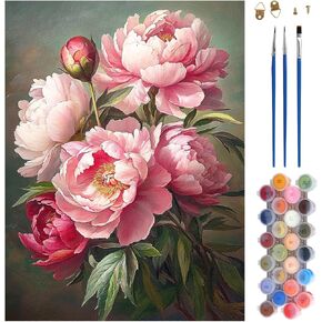 Meiyuda Flower Paint بواسطة أرقام أرقام للبالغين ، والطلاء الفاوانيا بأرقام للمبتدئين ، واللوحة الزيتية الأكريلية DIY عتيقة بالرقم على قماش بدون إطار لديكور الجدار المنزلي ويعرض 12x16in