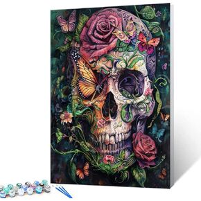 Dark Purple Dahlia Flowers Paint by Number Black Background Painting DIY Painting on Canvas with Brushes Acrylic Paints Gothic Paint by Numbers for Adults and Kids Beginner 16x20 Inch（without Frame）