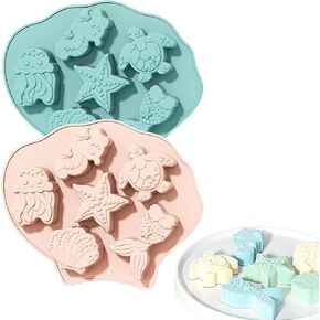 2 Pcs Marine Organism Theme Silicone Molds Mermaid Starfish Seashell Turtles Seahorses Jellyfish Baking DIY Food Grade (Red and Blue)