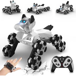 Remote Control Robot Dog Toy 2.4GHz 8WD All-Terrain Gesture Sensing Stunt RC Cars RTR Climbing Robot Dogs with Music Light Eyes 2 Rechargeable Batteries for 8-12 Boys Girl Kids