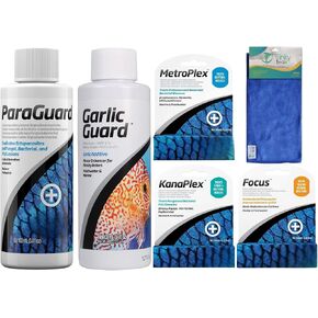 Trinity Treat ParaGuard 100ML, GarlicGuard 100ML, Focus 5g, kanaplex 5g Metroplex 5g for Freshwater and Saltwater Including Microfiber Cleaning Cloth(ParaGuard, GarlicGuard, Kanaplex Focus Metroplex)