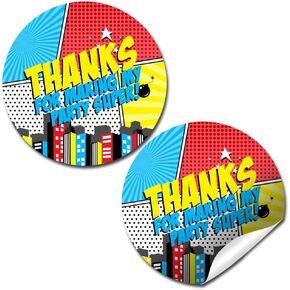 Comic Book Super Hero Birthday Thank You Sticker Labels for Kids, 40 2" Party Circle Stickers by AmandaCreation, Great for Party Favors, Envelope Seals & Goodie Bags