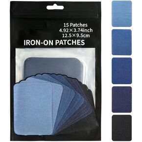 15 Pieces Denim Iron-on Patches Inside & Outside Strongest Glue 100% Cotton Black and White Repair Decorating Kit Shades of Blue Big Size 3.74" by 4.92" (9.5 cm x12.5cm)