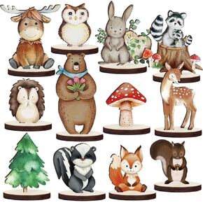 12 Pcs Woodland Animal Figurines Shower Decorations Enchanted Forest Decor,Animals Wood Table Centerpieces Woodland Animals Decor for Forest Camp Party Supplies Birthday Favors Cake Decoration