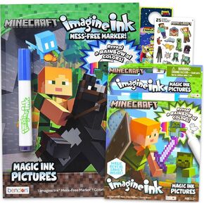 Minecraft Magic Ink Coloring Book مجموعة أطفال صغار - حزمة مع 2 كتب تلوين الحبر مع أقلام الحبر غير المرئية والملصقات والمزيد | مجموعة نشاط Minecraft