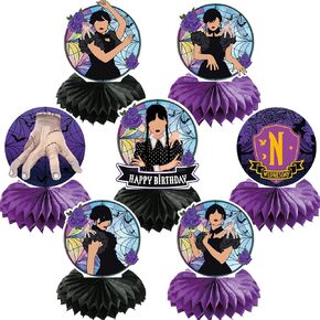 Wednesday Birthday Decorations 7pcs Honeycomb Centerpieces, Black and Purple Wednesday Birthday Party Supplies for Girls Boys, Gothic Style Double Sided Party Table Centerpieces Party Favors