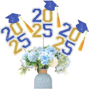 10 Pcs Graduation Table Centerpieces Sticks with Tassels, class of 2025 Grad Cap Picks Table Decoration Cupcake Toppers for Party Centerpiece Decoration Supplies(Blue and Gold)