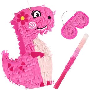 Pink Dinosaur Pinata for Jurassic Size Fun at Parties and Celebrations - Pink Girl T-Rex Dino Pinata Includes Blind-Fold & Baton - Excellent Addition to a Dinosaur Birthday Party - Dinosaur Party