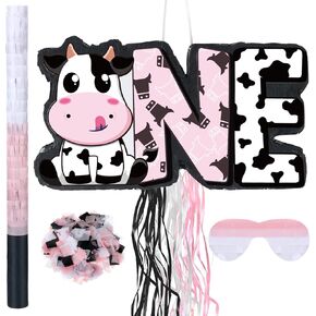Ferraycle Small Cow Number 1 Piñata for 1st Birthday Party Decorations Cow Farm Birthday Party Supplies for Girls Kids Piñata with Blindfold Wood Stick Confetti for Baby Shower
