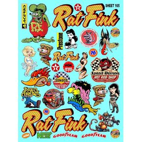 Clear Vinyl 105 Rat Fink Rod R/C Racing Sponsor Sticker Gang Sheet Good -1/24 – 1/16th Scale Model Decal Sticker Sheet Radio Control Lexan Body – Die-Cut to Shape - Peel & Stick – Water Slide