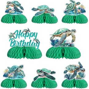 Jollyboom Sea Turtle Birthday Decorations, 8pcs Turtle Theme Honeycomb Centerpiece Double-sided Printing Marine Theme Table Decorations for Ocean Animal Turtle Birthday Baby Shower Party Supplies