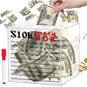 10k Smash Box for Money, Unbreakable Piggy Bank for Adults Save $10,000 Money Saving Challenge Box, Clear Acrylic Saver Box for Cash Must Break to Open (4.72 Inch)