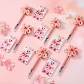 12 PCS Cherry Blossom Mini Notebook مع كروشيه زهرة أقلام القرطاسية اليابانية مجموعة زهر الكرز الحزب تفضل الهدايا للنساء المعلم هدية