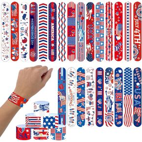 4th of July Slap Bracelets for Kids 48Pcs, Waistband Decorations Party Favors for Memorial Day/Independece Day/Labor Day/Veterans Day/Patriotic Party