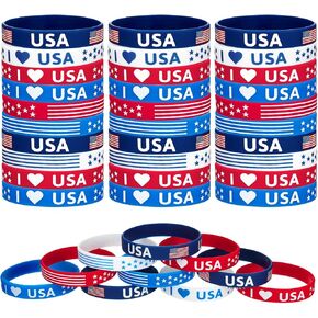Leitee 100 Pcs American Flag Silicone Bracelet Stretchable 4th of July Bracelets USA Patriotic Party Wristbands for Men Women Kids Independence Day Party Favors School Gifts Supplies, Red White Blue