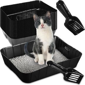 Bokon 50 Pcs 25 Set Disposable Litter Boxes for Cats with Scoop Plastic Cat Litter Tray Large Kitten Pan for Kitty Rabbit Guinea Pig Hamster Pets Supplies Travel Home Toilet, 15. 7 x 11. 8 x 3''