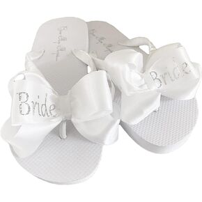 Silver Glitter Bride Bows on White Flat Wedding Flip Flops