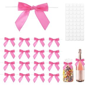 50Pcs Hot Pink Twist Tie Bow, 3.5" Satin Ribbon Bows,Premade Gifts Bow Decor,Satin Ribbon Bows for Package Christmas Thanksgiving Wedding Decorations Contains Dot Glue