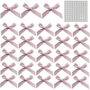 100pcs أقواس ساتان مصغرة للحرف اليدوية ، أقواس صغيرة بيضاء 4 × 4 سم مع 100 pcs نقاط لزجة مزدوجة من جانب دبابيس الهتاف الحرف DIY حفل زفاف حفلة خياطة القصاصات القصاصات