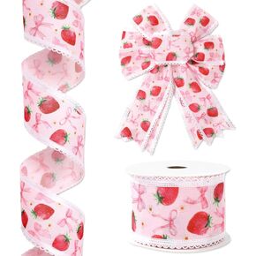 Strawberry Bow Lace Wired Edge Ribbon Cute Summer Fruit Pink Red Coquette Craft Fabric Ribbon for Spring Wreath Bow DIY Wrapping Baby Shower Party Diaper Cake Decor, 12 Yard