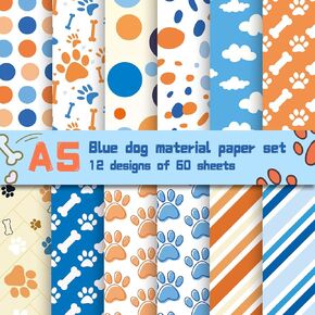 60 Sheets Blue Dog Scrapbook Paper, 8.3x5.7'' Assorted Blue Orange Dog Cartoon Cardstock Paper Blue Dog Paw Patterns Art Craft Paper for 100th Day of School Birthday Party Supplies