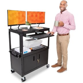 Line Leader Large AV Cart with Locking Cabinet | Height Adjustable Utility Cart with Pullout Keyboard Tray & Cord Management | UL Safety-Certified Computer Cart | Easy Assembly (32 x 18 x 42in)