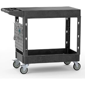 Heavy Duty Utility Service Tool Cart, 39 x 17 in, 2 Shelf Flat Top Rolling Cart with Hanging Board, 550LBS, Swivel Wheels, Ergonomic Handle for Garage, Warehouse, Office, Workshop, Auto Repair
