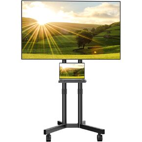 Rolling TV Stand with Laptop Shelf, Mobile TV Stand with Upgraded Wheels for 32-75 Inch TV, Height Adjustable Mobile TV Cart up to 110lbs, for Outdoor, Home, Office (with Shelf)