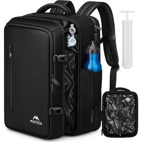 MATEIN Vacuum Backpack Travel with Hand Pump, Waterproof Carry on Backpack with Vacuum Compression for Airplanes, TSA Personal Item Travel Bag Fits 17 inch Laptop, Airline Approved Suitcase, Black