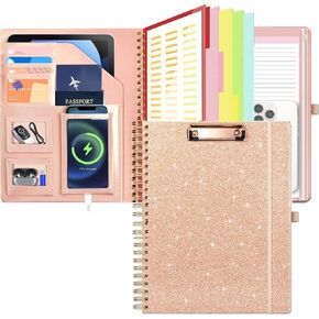 Sauge Foldable Spiral Clipboard Folio with Storage Zipper Pouch, 5 Plastic Folders with Pockets,Refillable Lined Notepad (8.5" x 11"), Hardcover Project Organizer with 36 Stickers