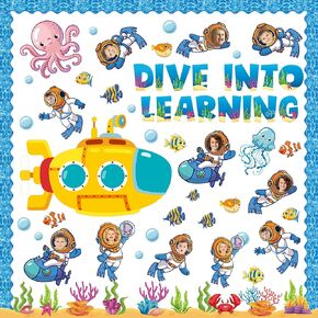 87 PCS Sea Animal Bulletin Board Decorations Under The Sea Classroom Decor Ocean Animal Paper Cutouts Dive Into Learning Bulletin Board Set for Back to School Classroom Summer Party DIY Photo Decor