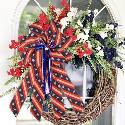 2PCS Patriotic Wreath Bow, 4th of July Memorial Day Wreath Bow for Indoor Outdoor Independence Day President's Day Decoration (Red and White) in Saudi Arabia