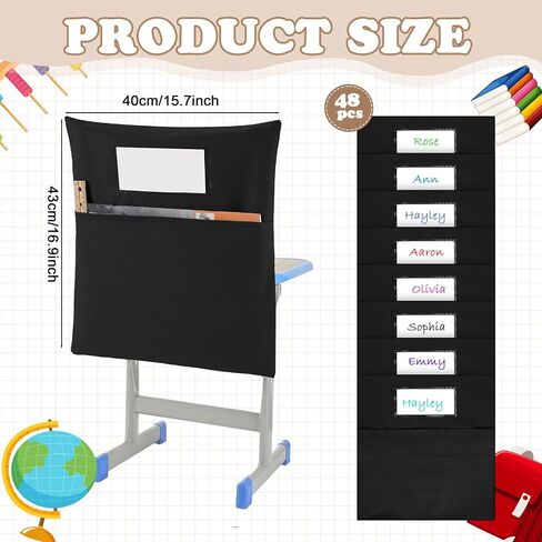 Sanwuta 48 Pack Chair Pockets for Classroom - Book Organizer for Chairback with Name Tag Slot for Kindergarten Primary School Students & Home School Use (15 x 16 Inch,Black) in Saudi Arabia
